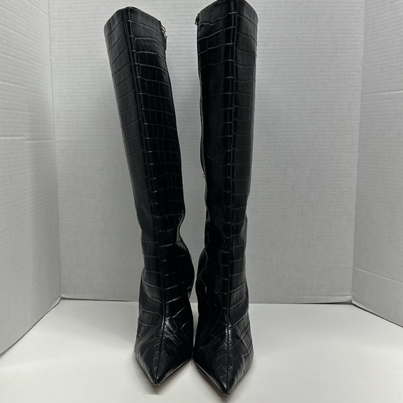 SCHUTZ  Asya Up Crocodile Embossed Leather Wedge High Heel Boot Boots Black 10 - Picture 5 of 10